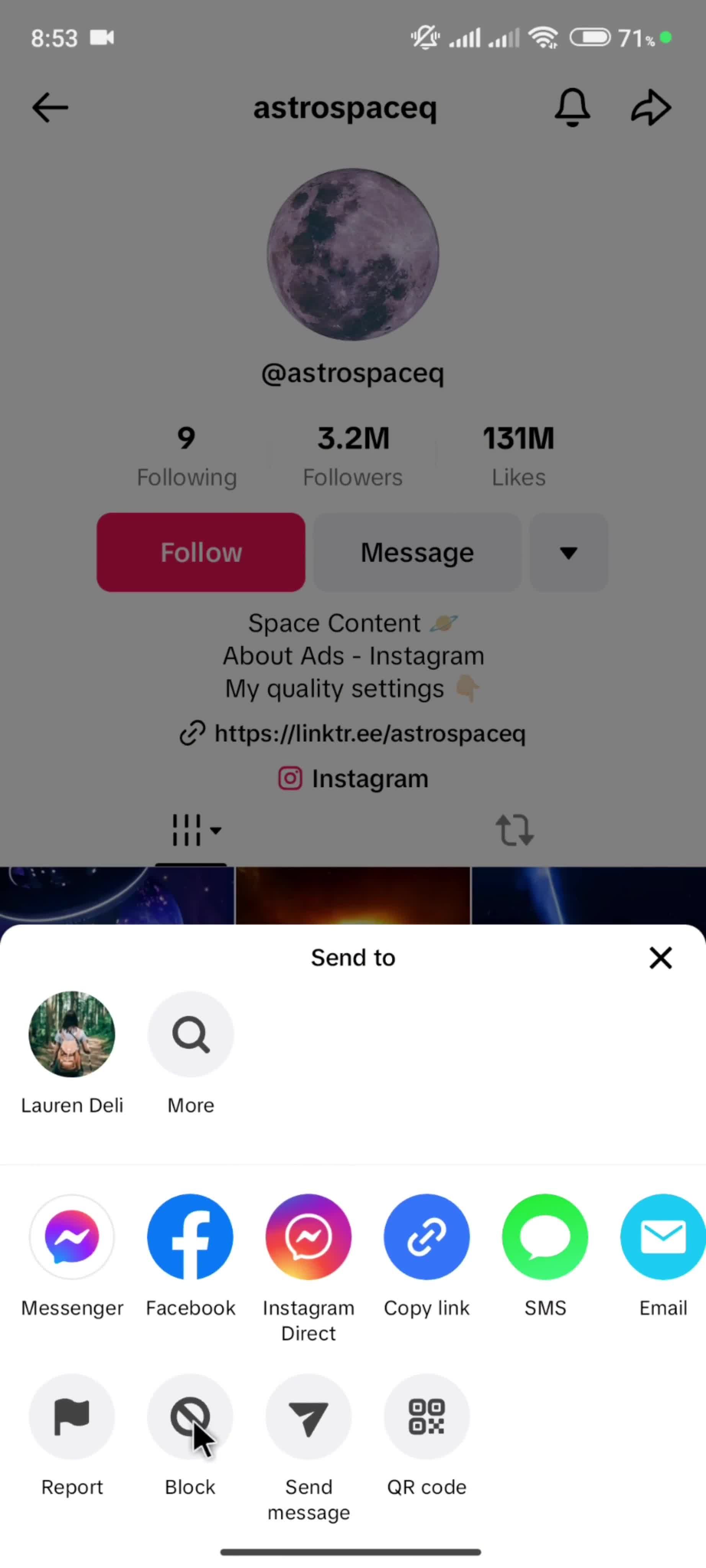 Blocking a user on TikTok video thumbnail