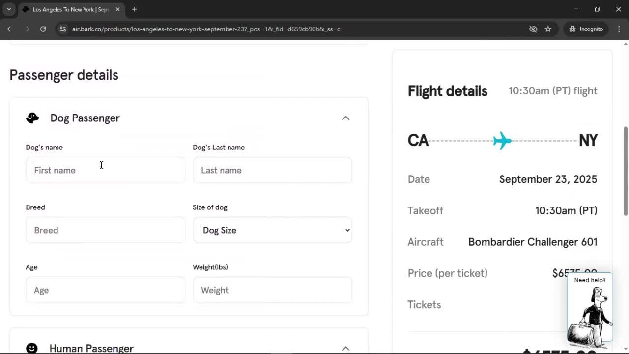 Booking a flight screenshot