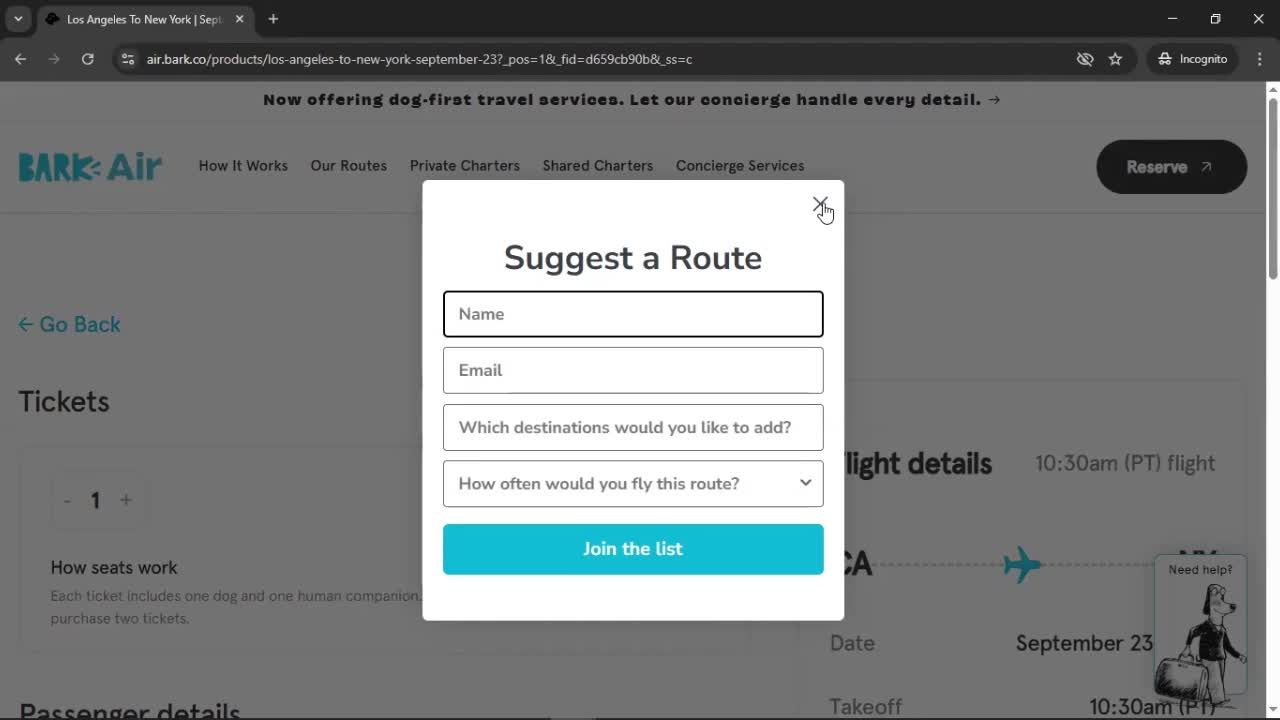 Booking a flight screenshot
