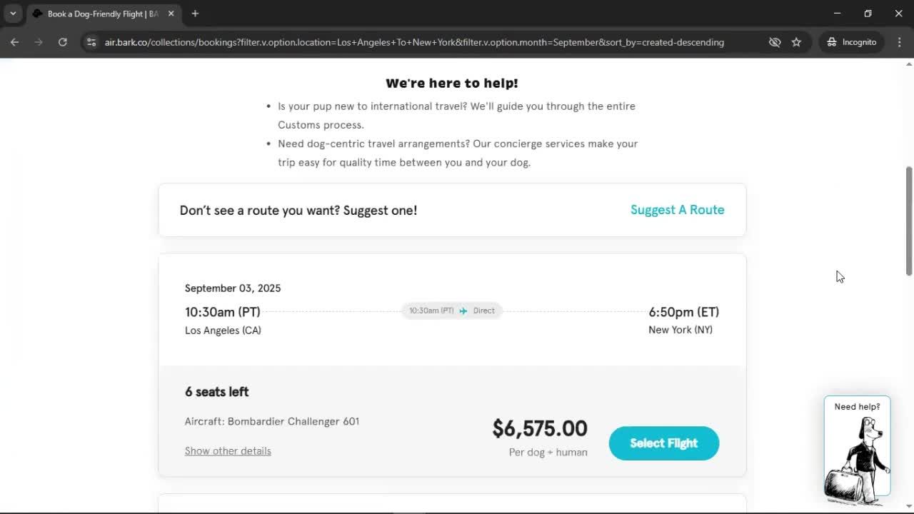 Booking a flight screenshot