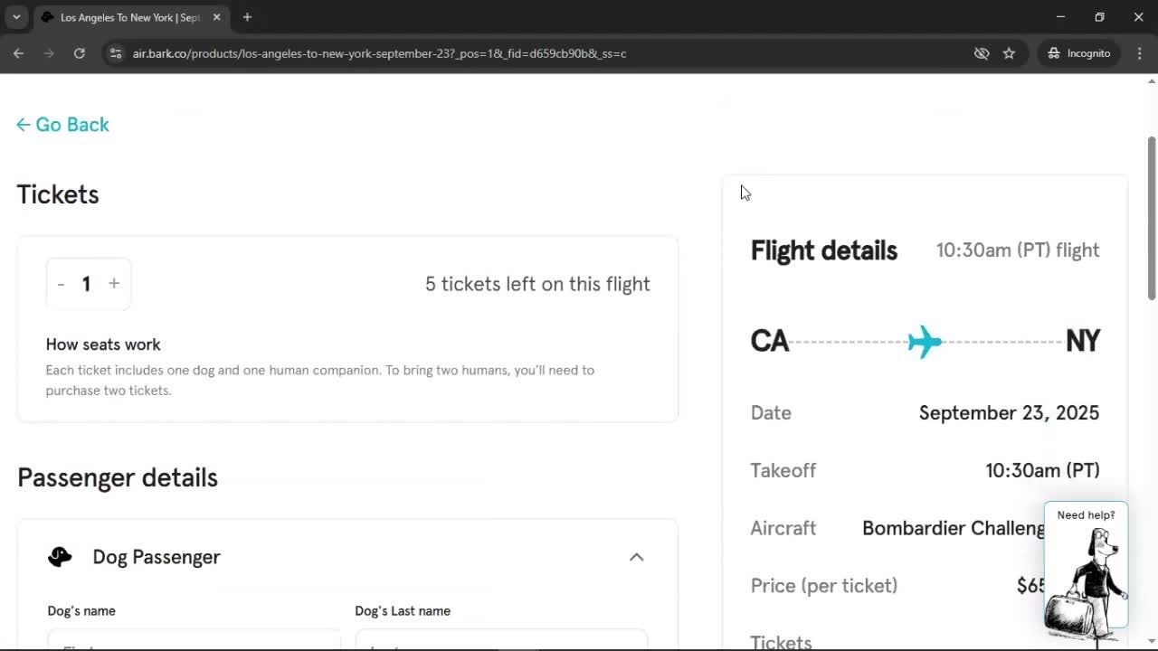 Booking a flight screenshot