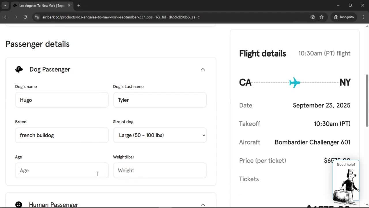 Booking a flight screenshot