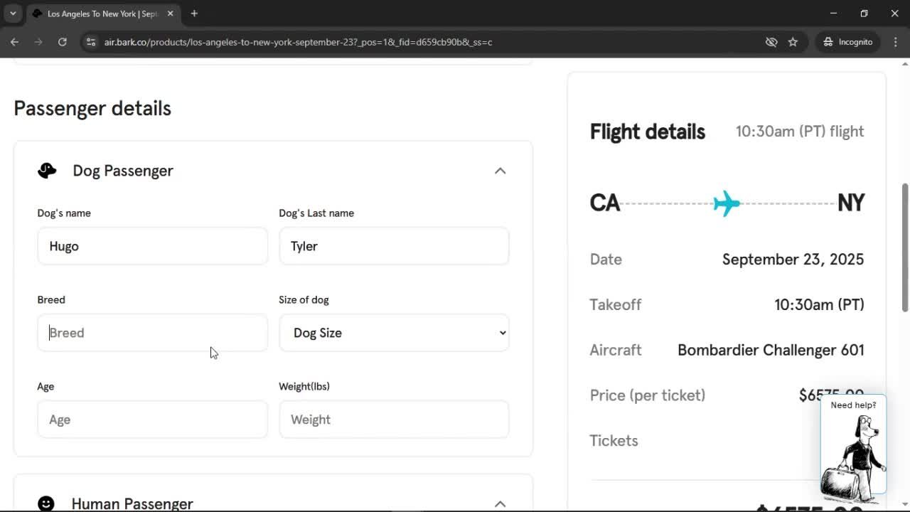 Booking a flight screenshot