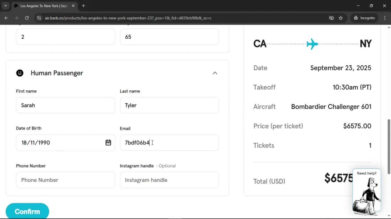 Booking a flight screenshot