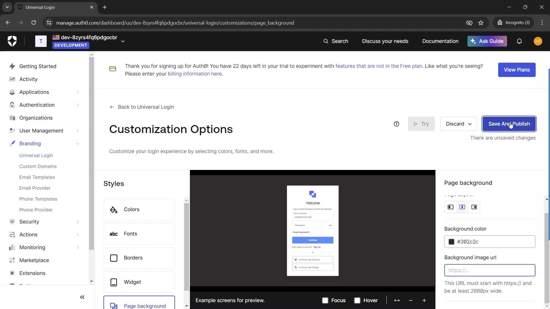 Customization settings screenshot
