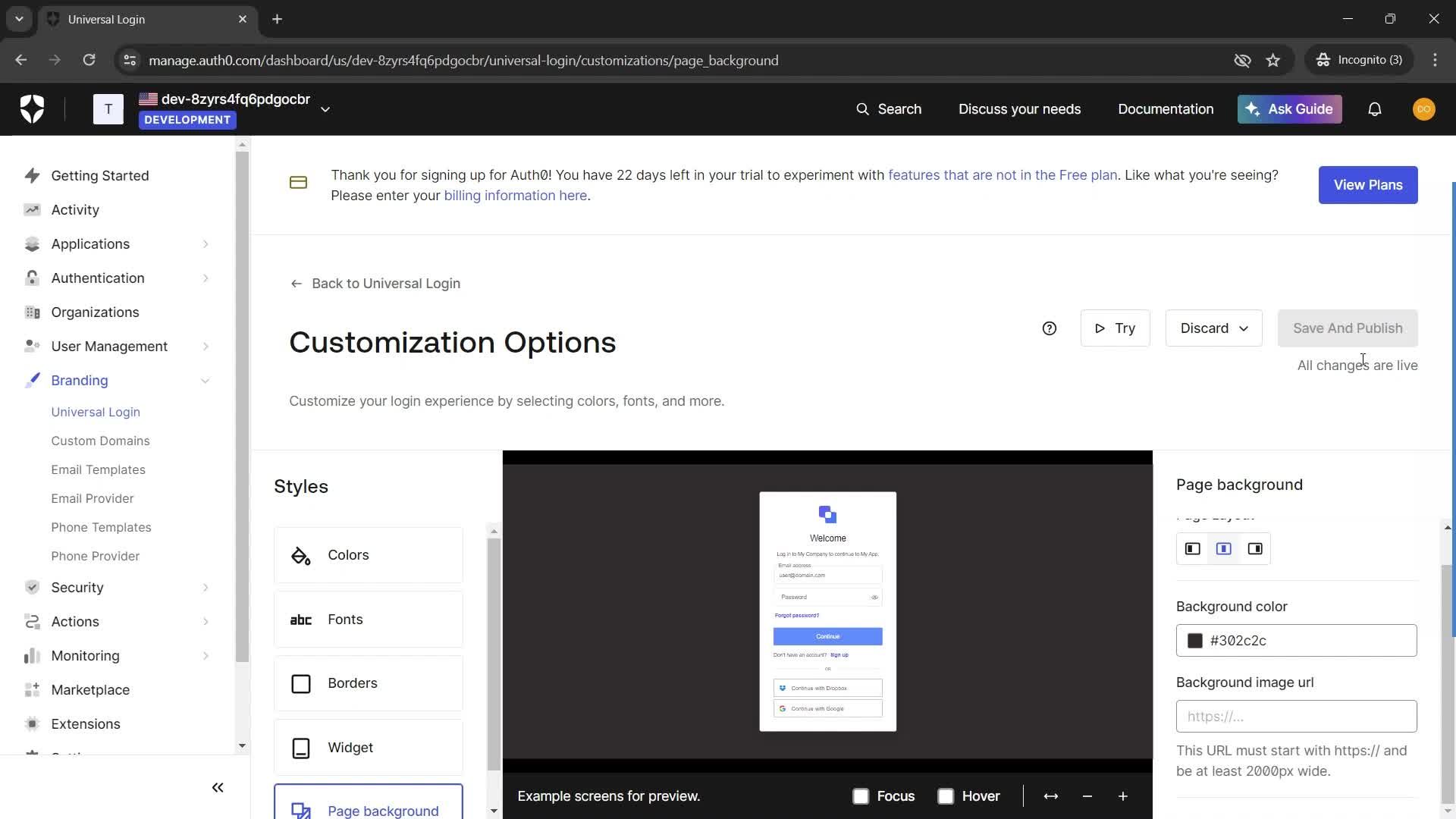 Customization settings screenshot