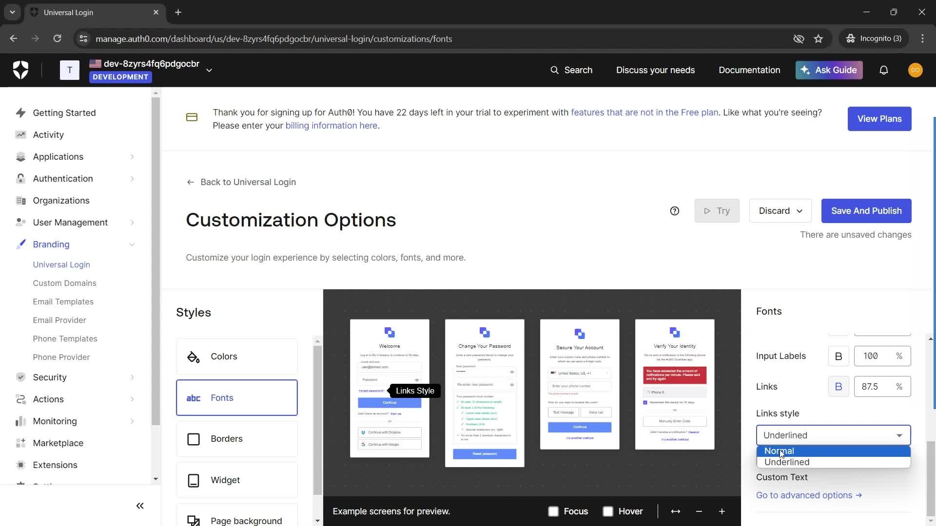 Customization settings screenshot