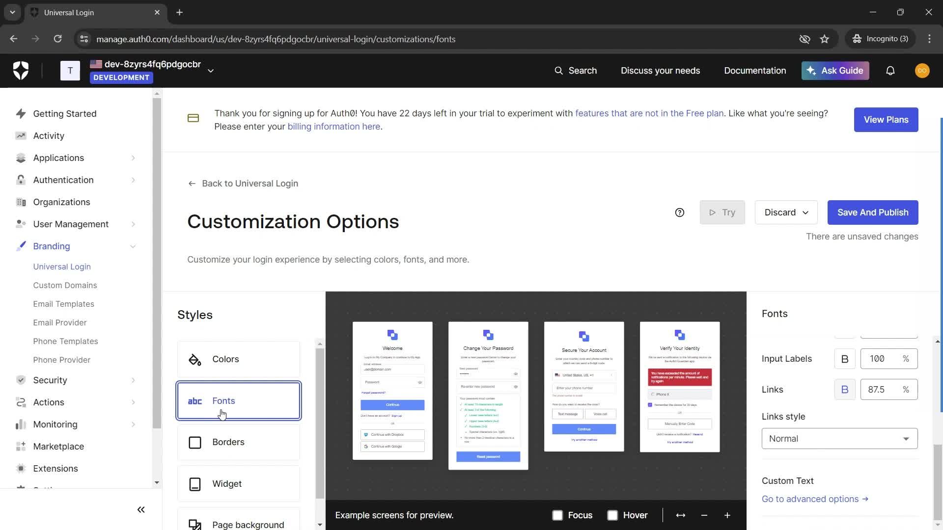 Customization settings screenshot