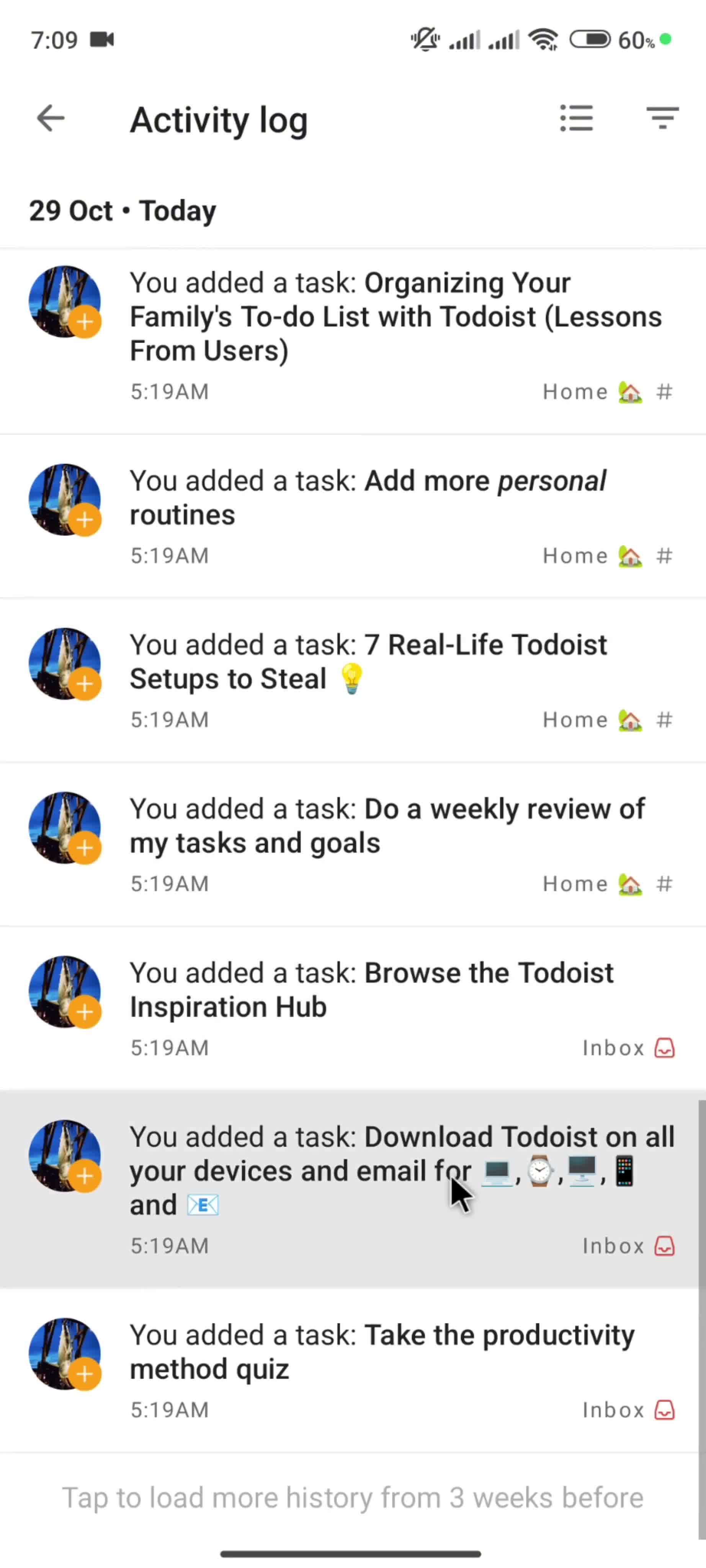 Activity log screenshot
