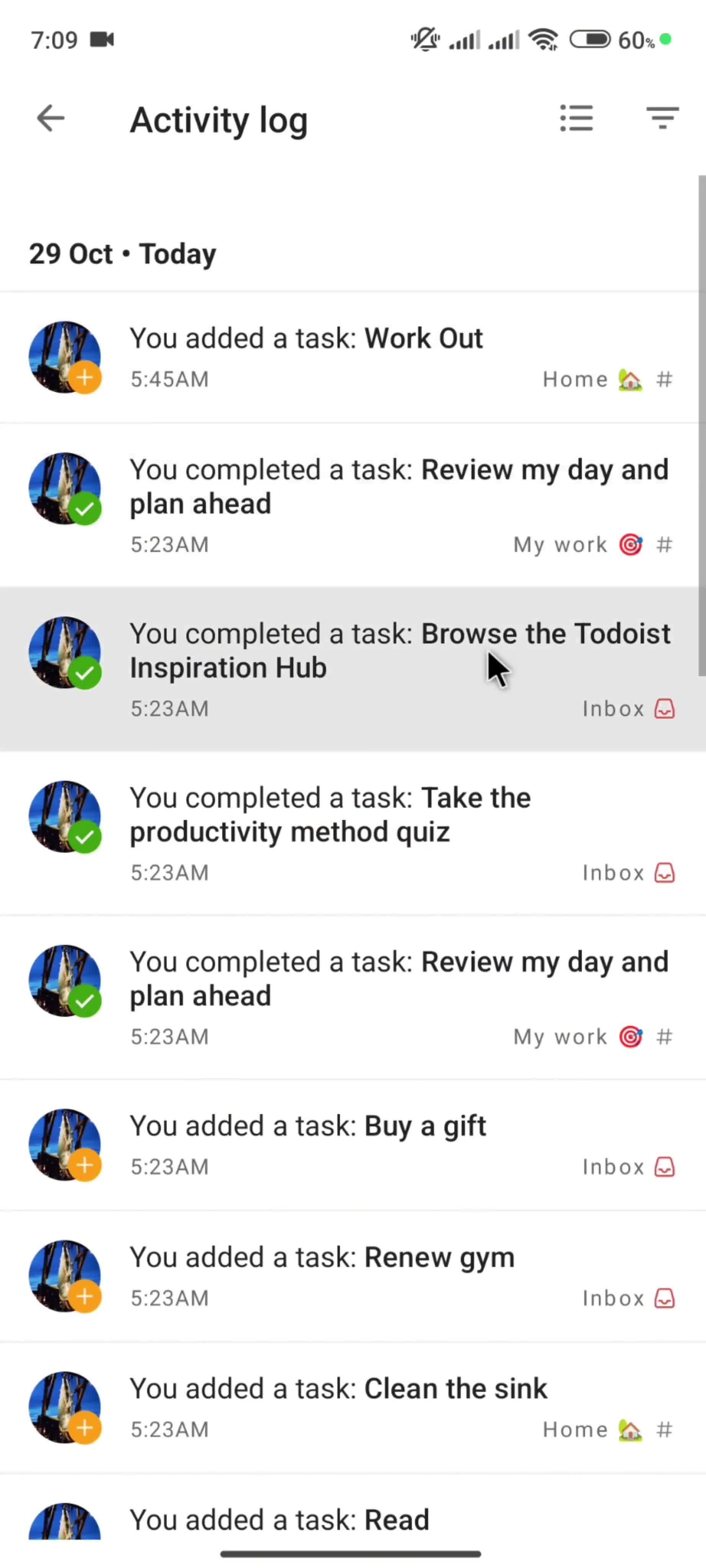 Activity log screenshot