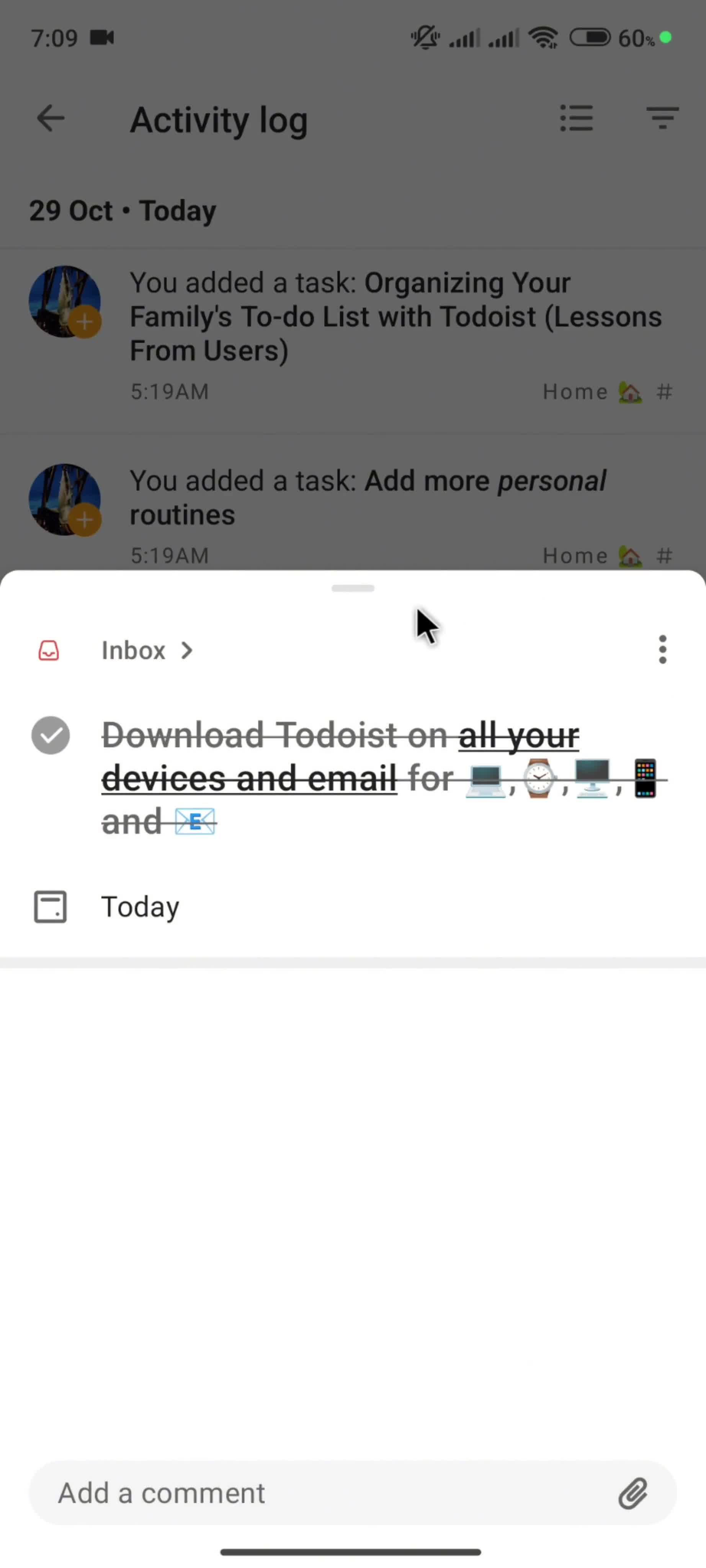 Activity log screenshot