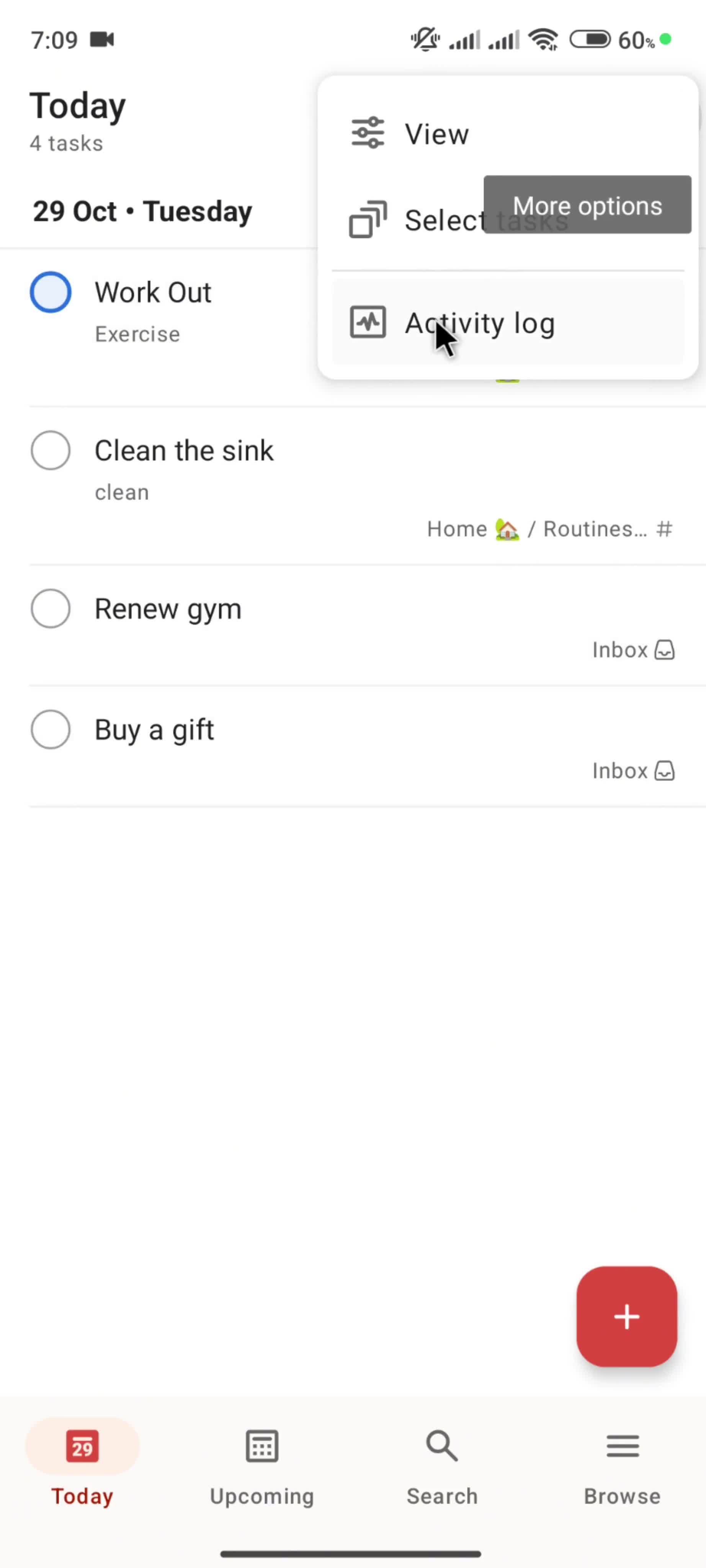 Activity log screenshot