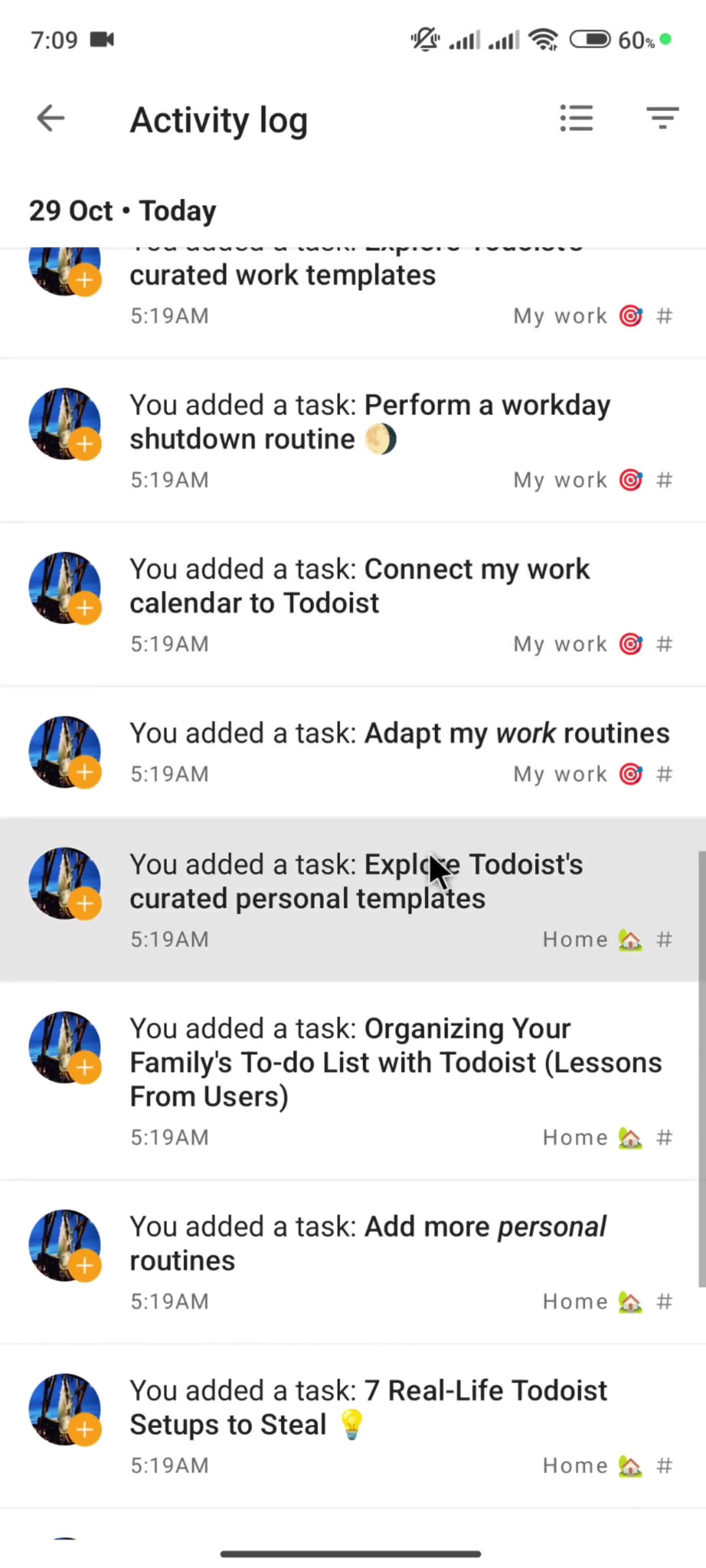 Activity log screenshot