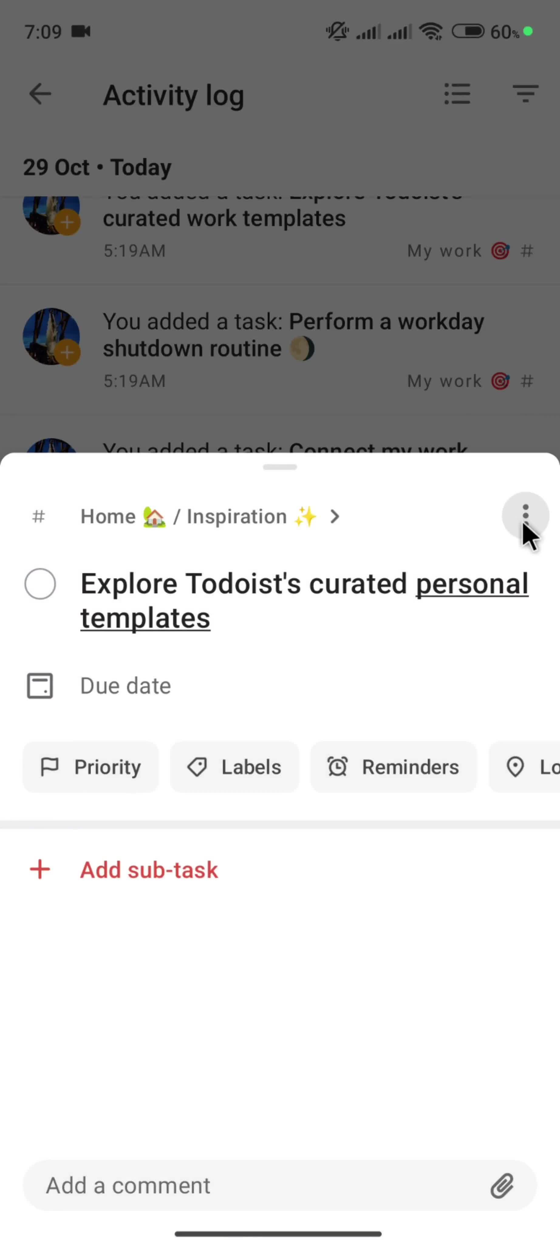 Activity log screenshot