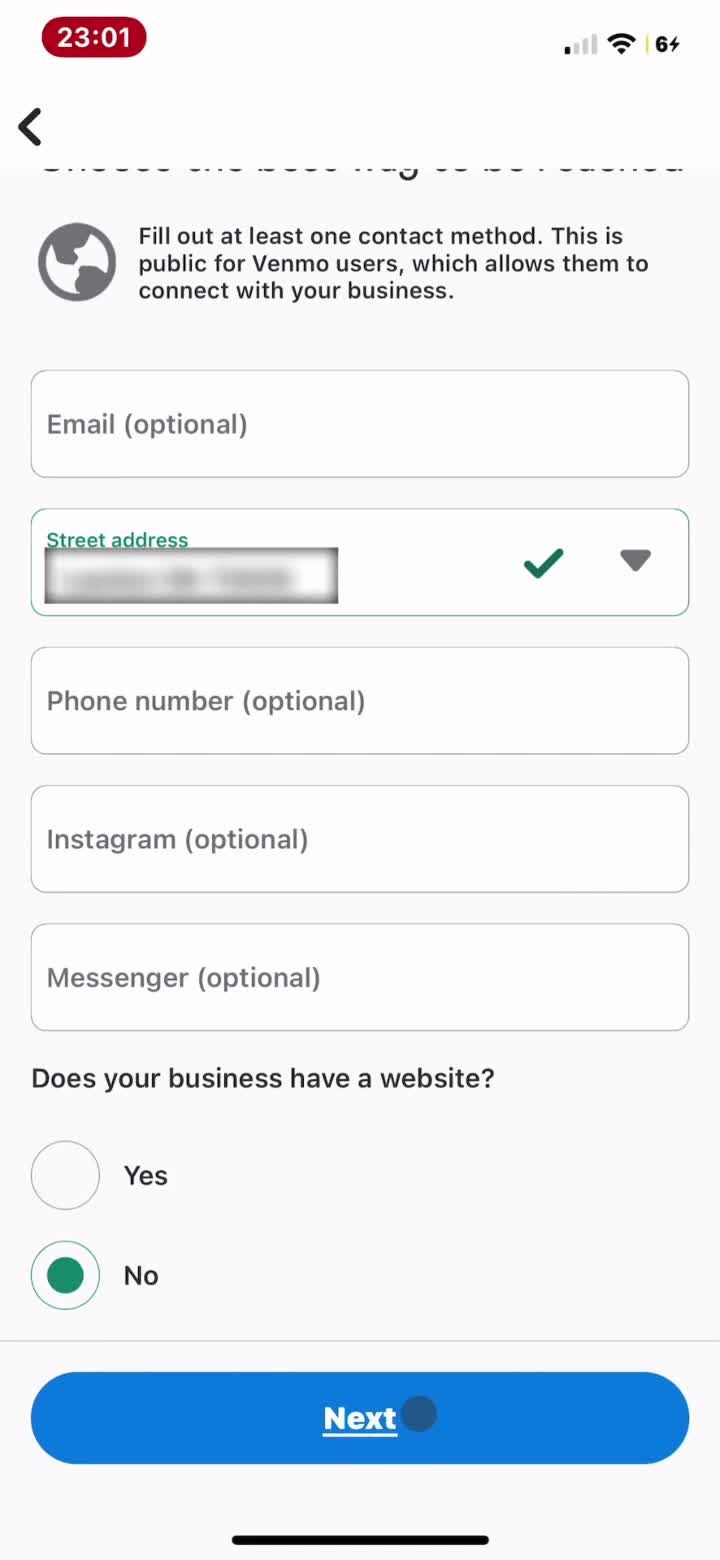 Creating a business profile screenshot