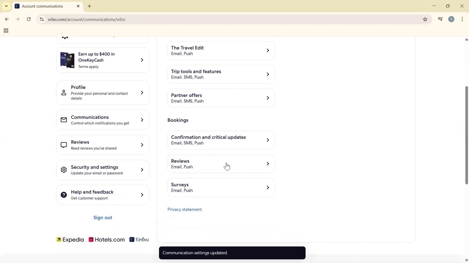 Communication settings screenshot