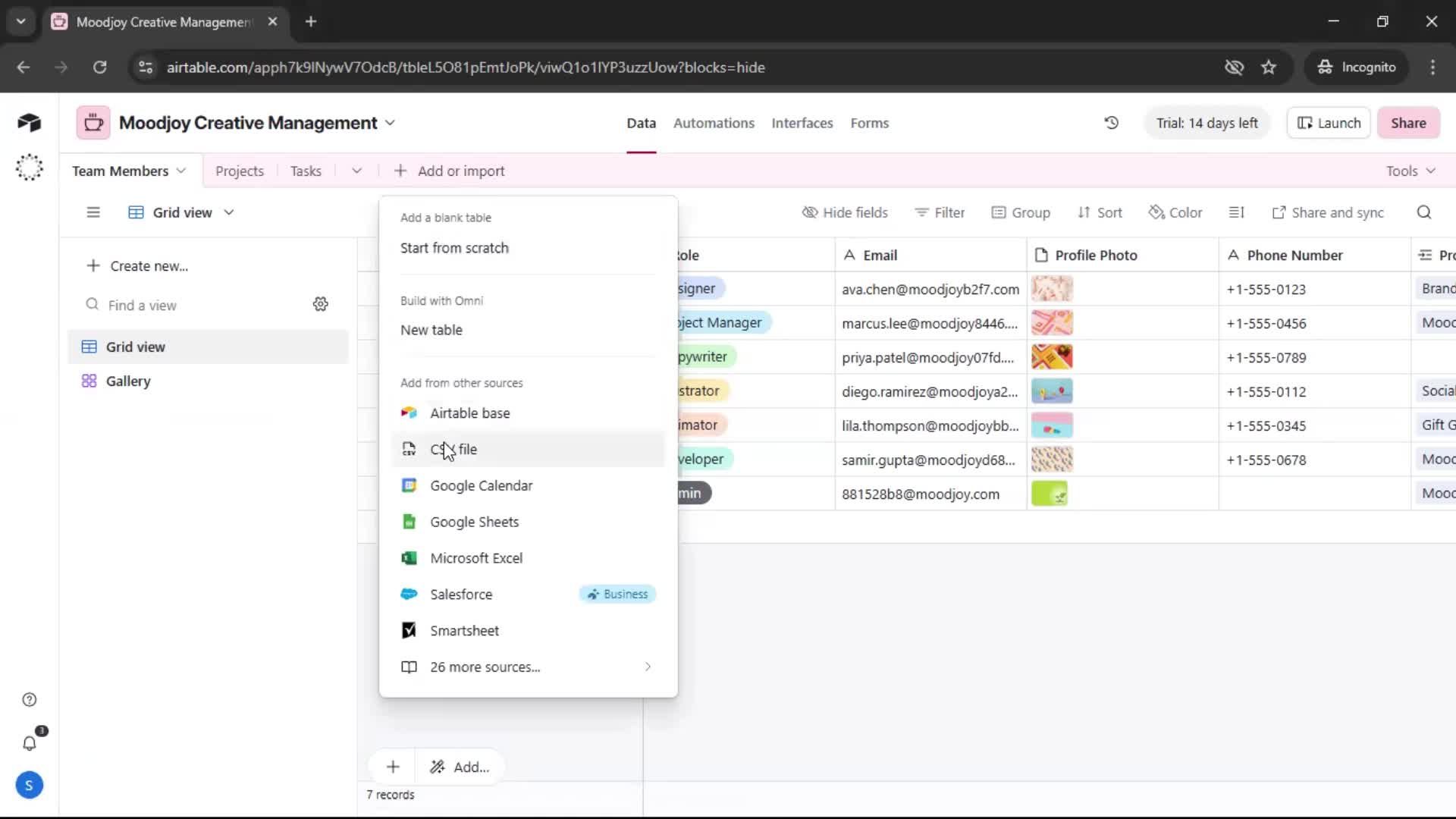 CSV import screenshot