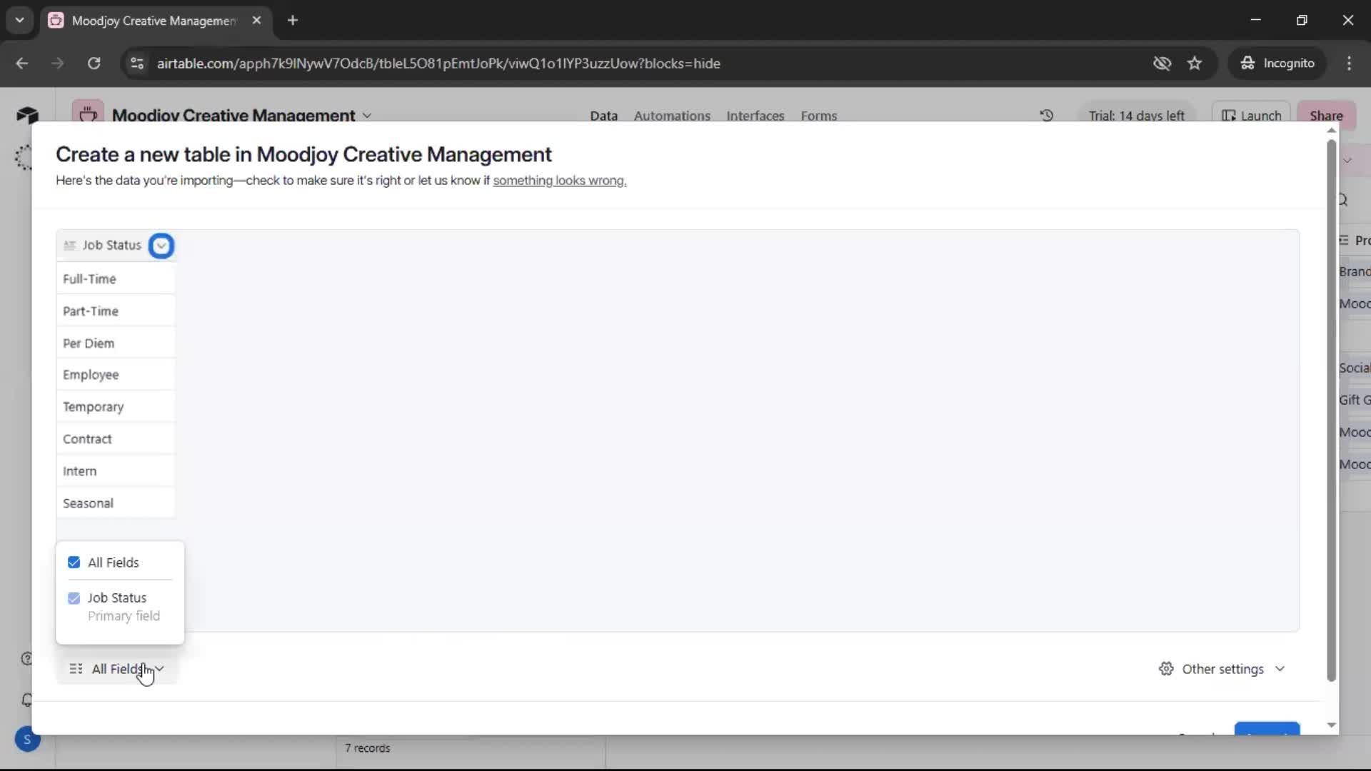 CSV import screenshot