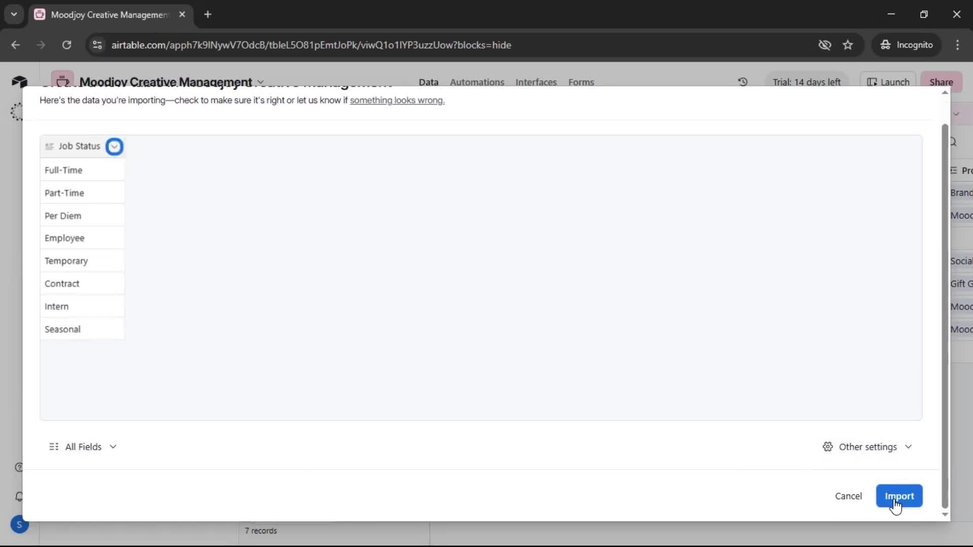CSV import screenshot