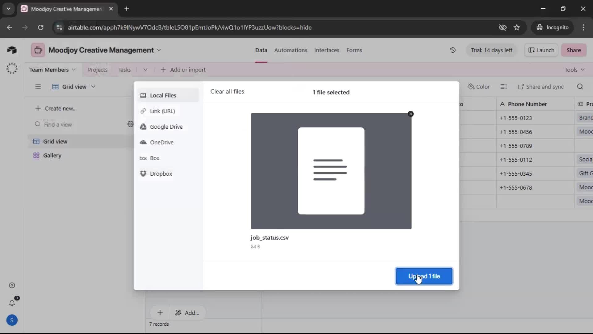 CSV import screenshot