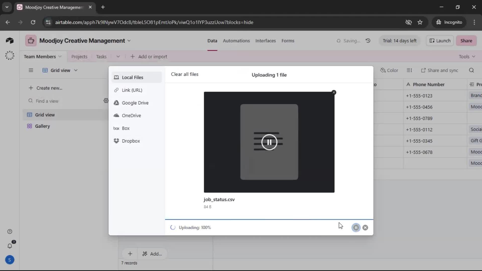 CSV import screenshot