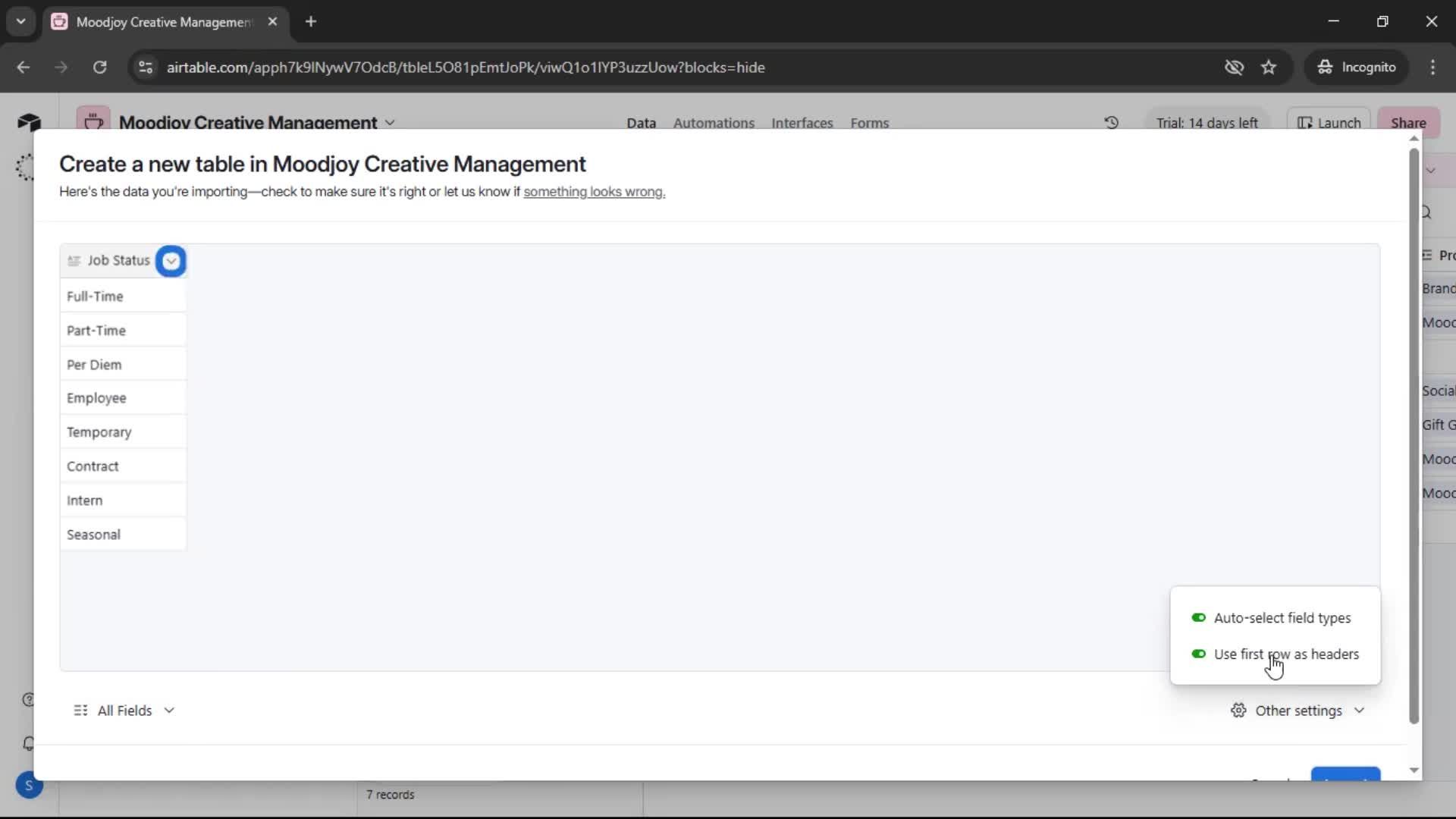 CSV import screenshot