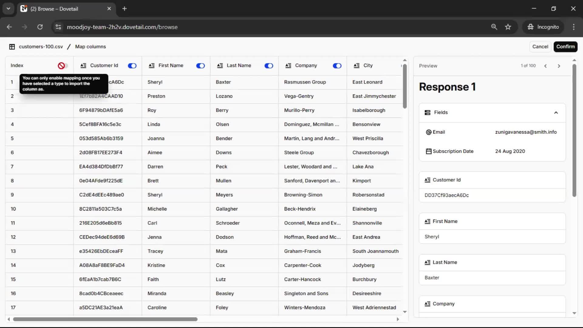 CSV import screenshot