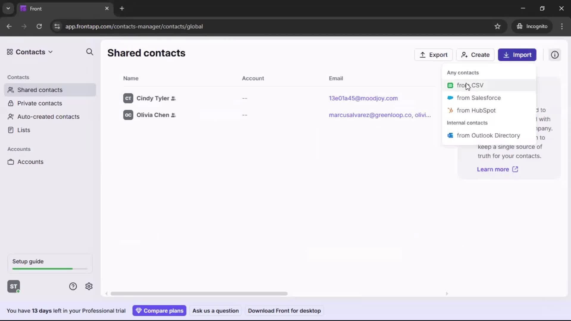 CSV import screenshot