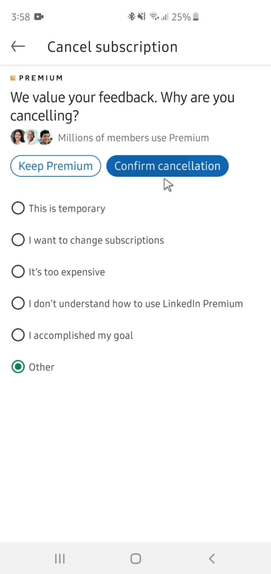 Cancelling your subscription screenshot