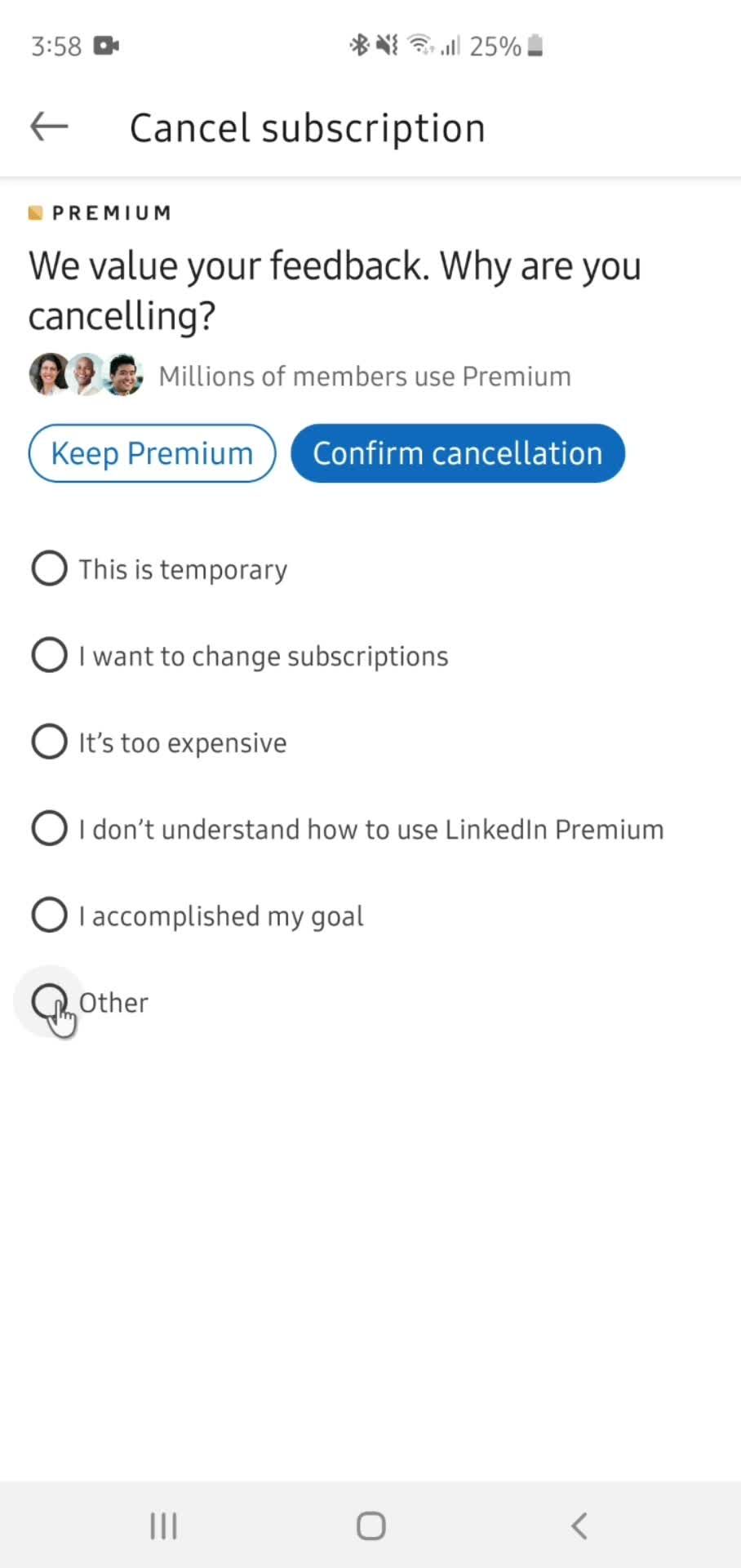 Cancelling your subscription screenshot
