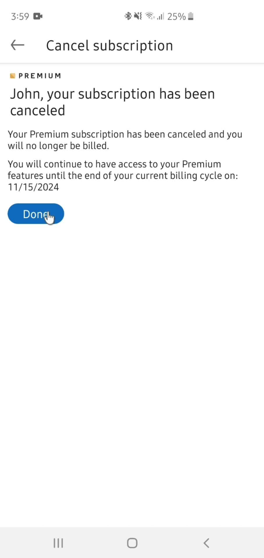 Cancelling your subscription screenshot