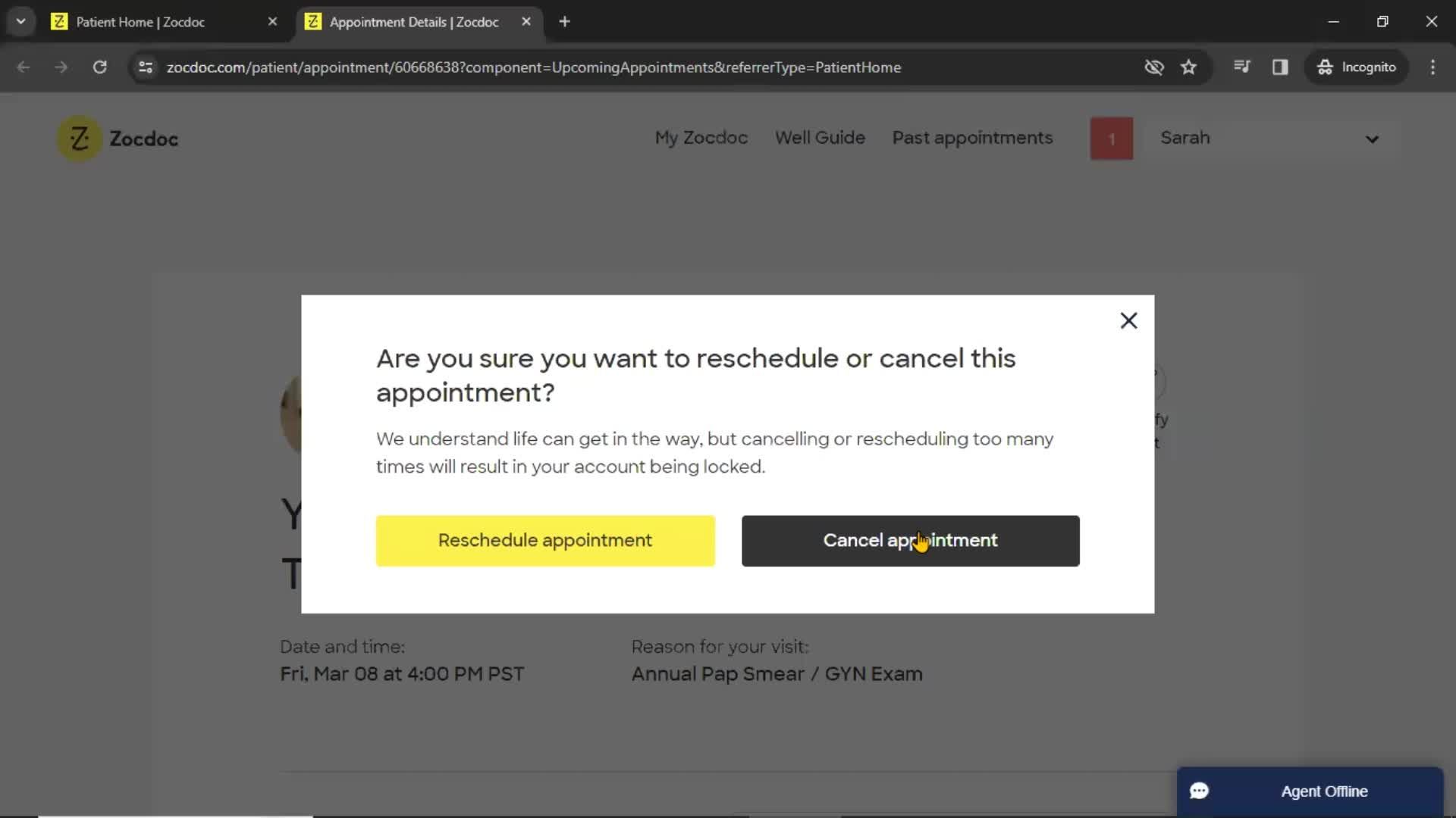 Cancelling an appointment screenshot