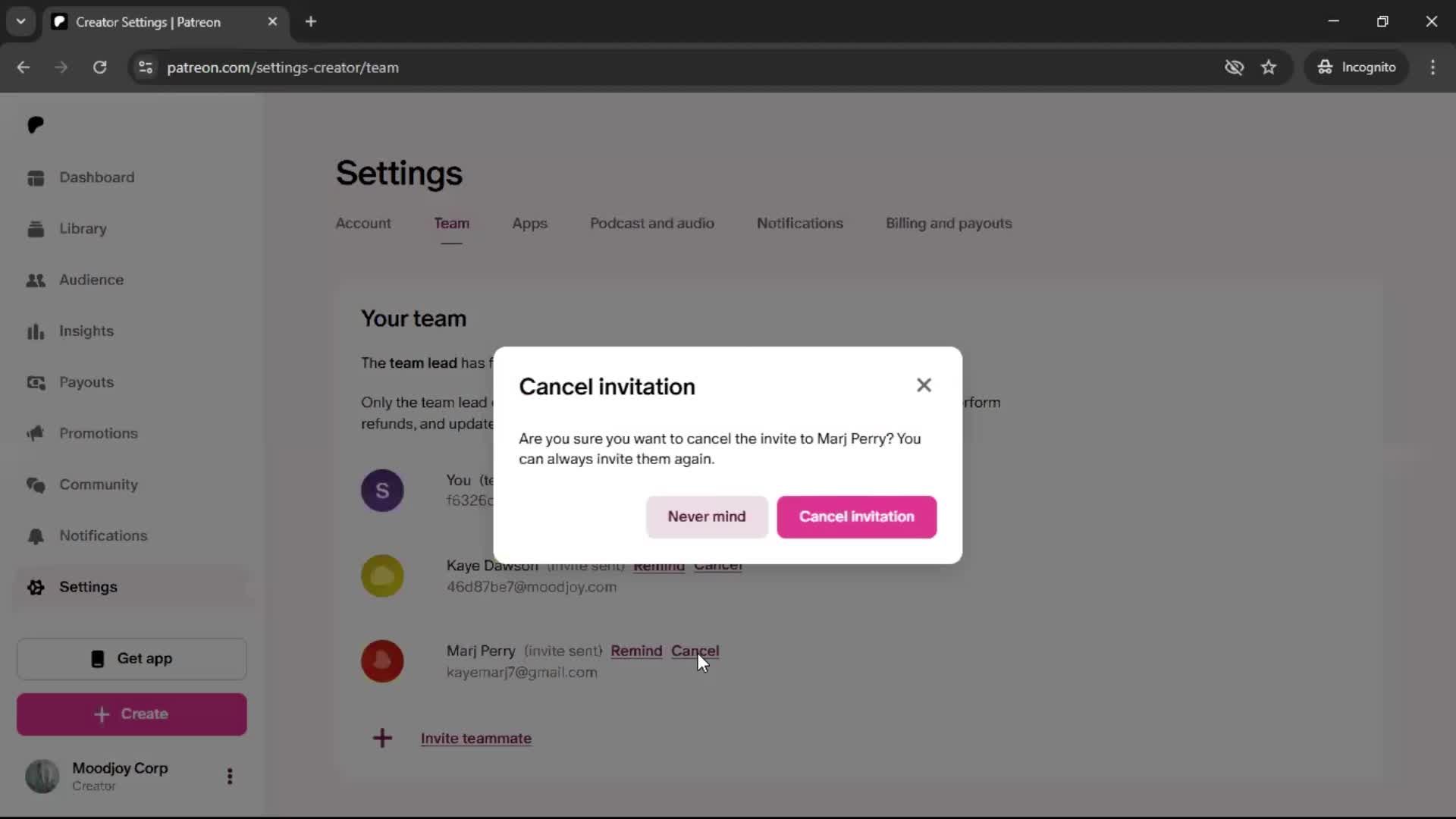 Cancelling an invite screenshot