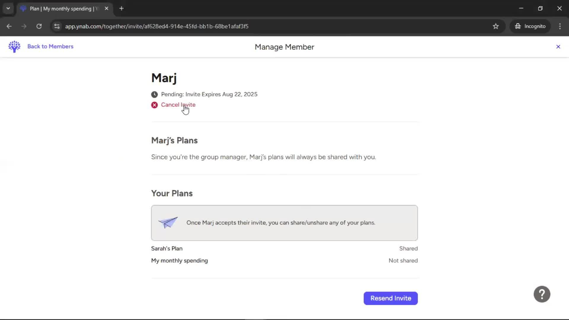 Cancelling an invite screenshot