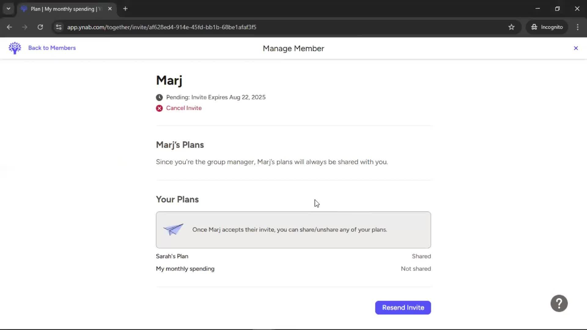 Cancelling an invite screenshot