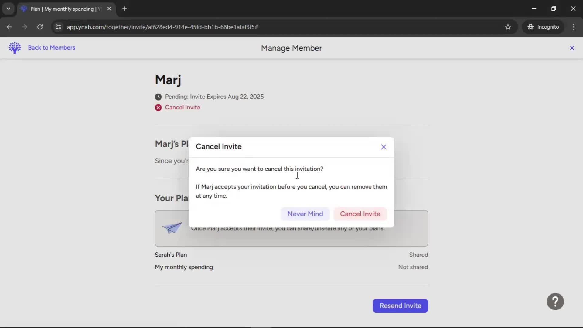 Cancelling an invite screenshot