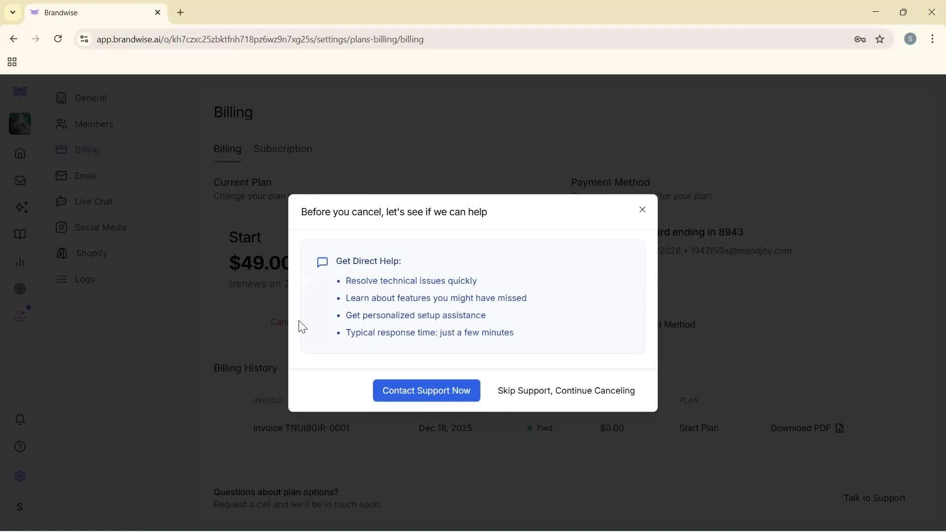 Cancelling your subscription screenshot
