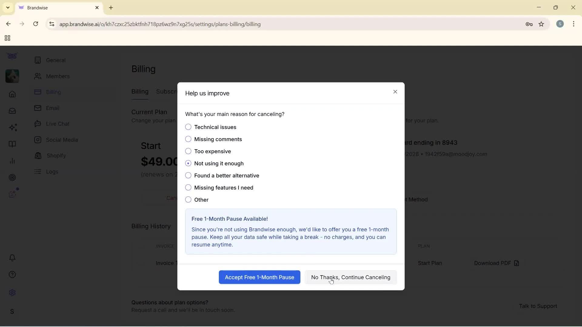 Cancelling your subscription screenshot