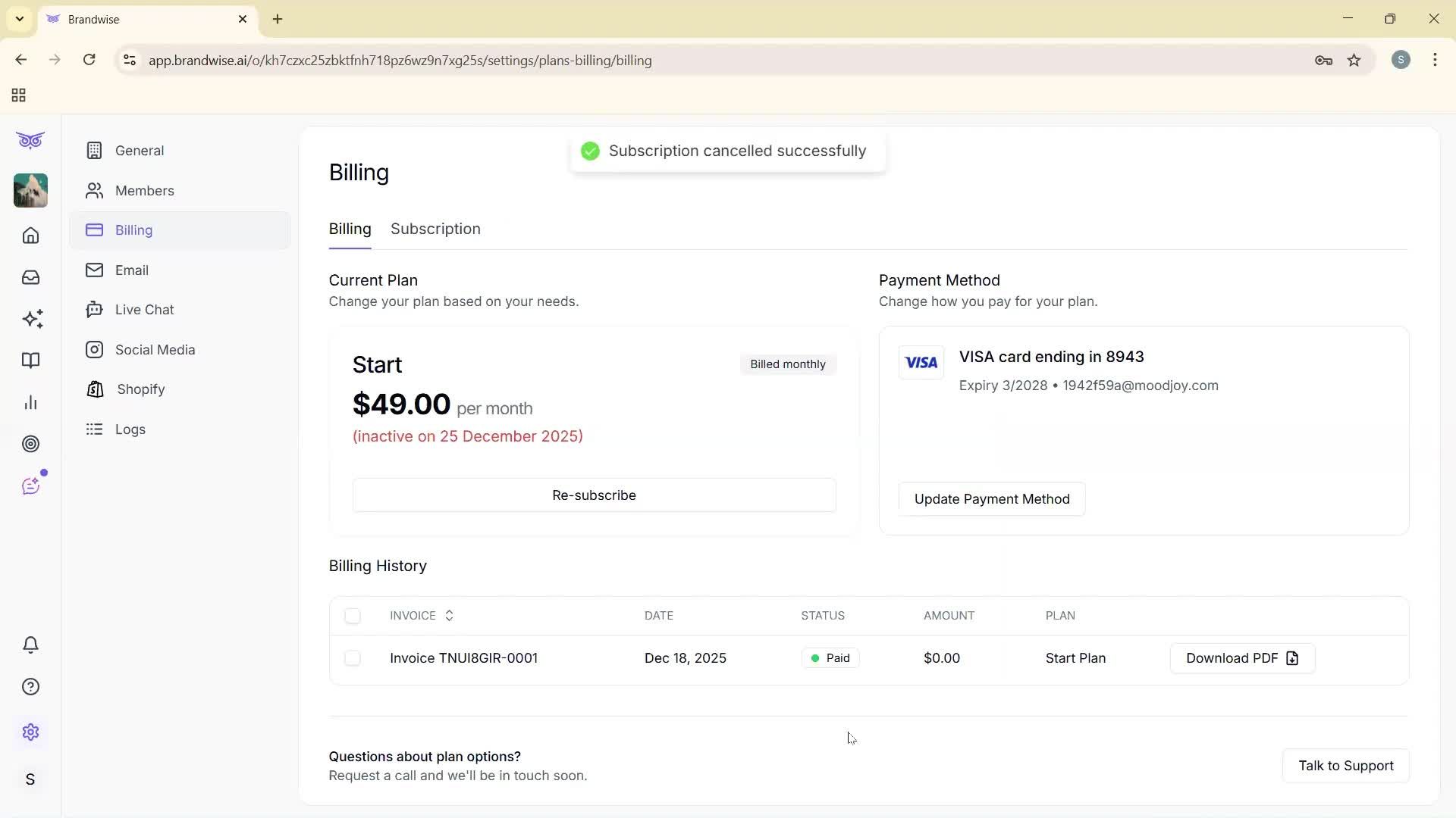 Cancelling your subscription screenshot