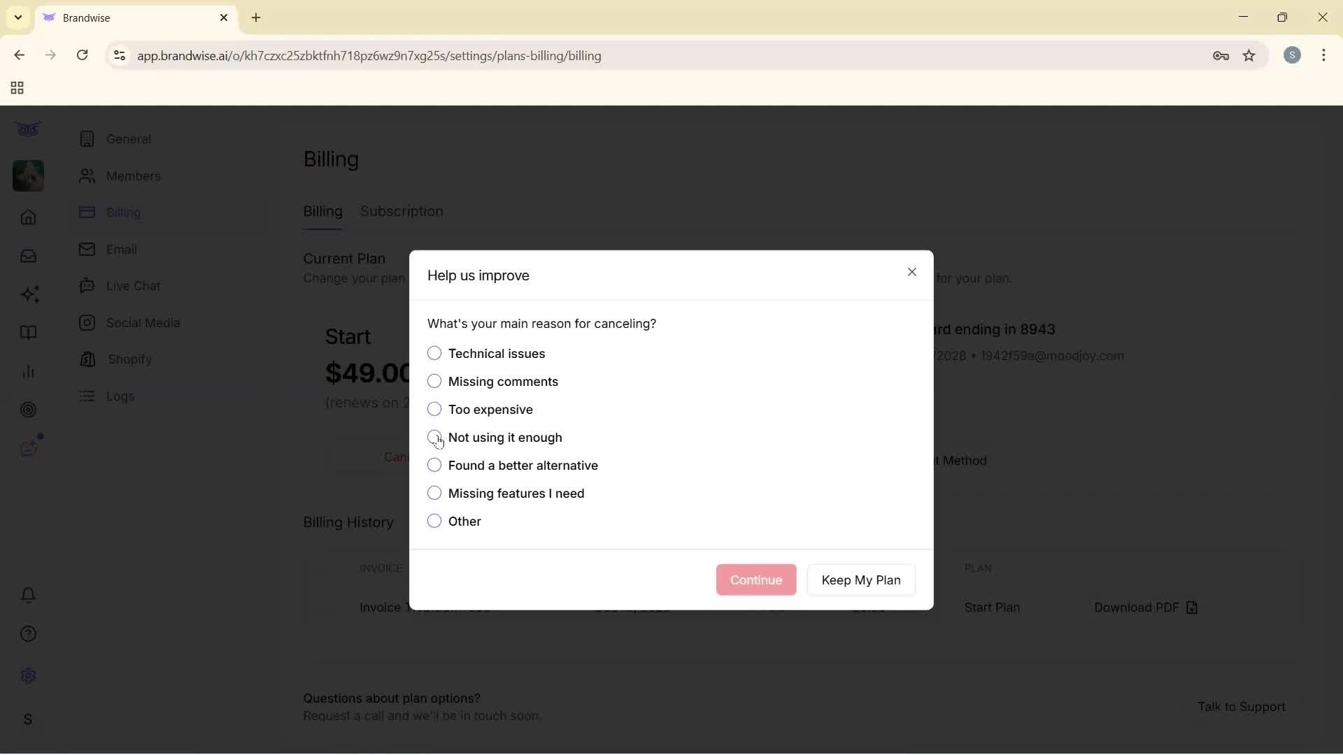 Cancelling your subscription screenshot