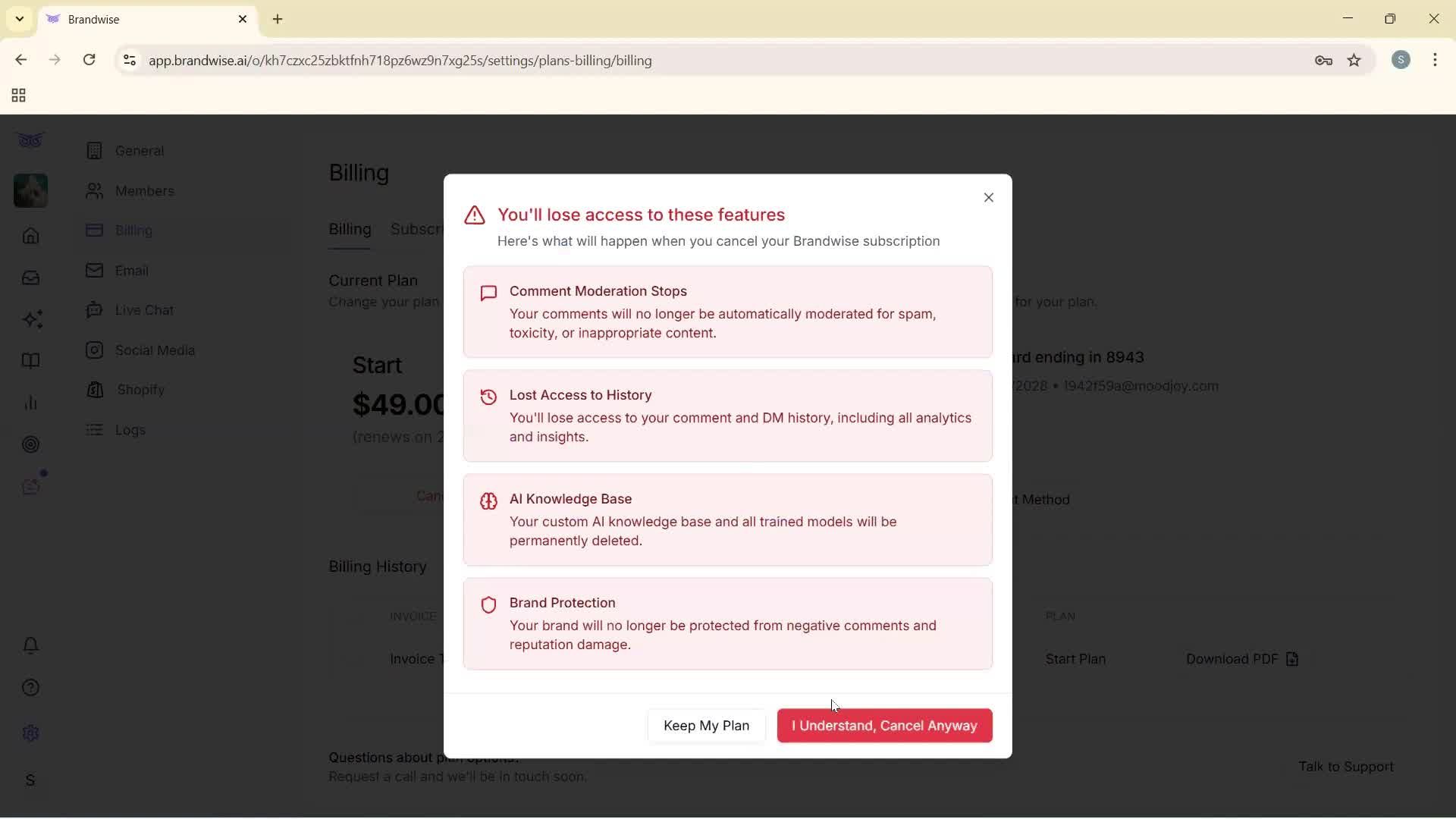 Cancelling your subscription screenshot