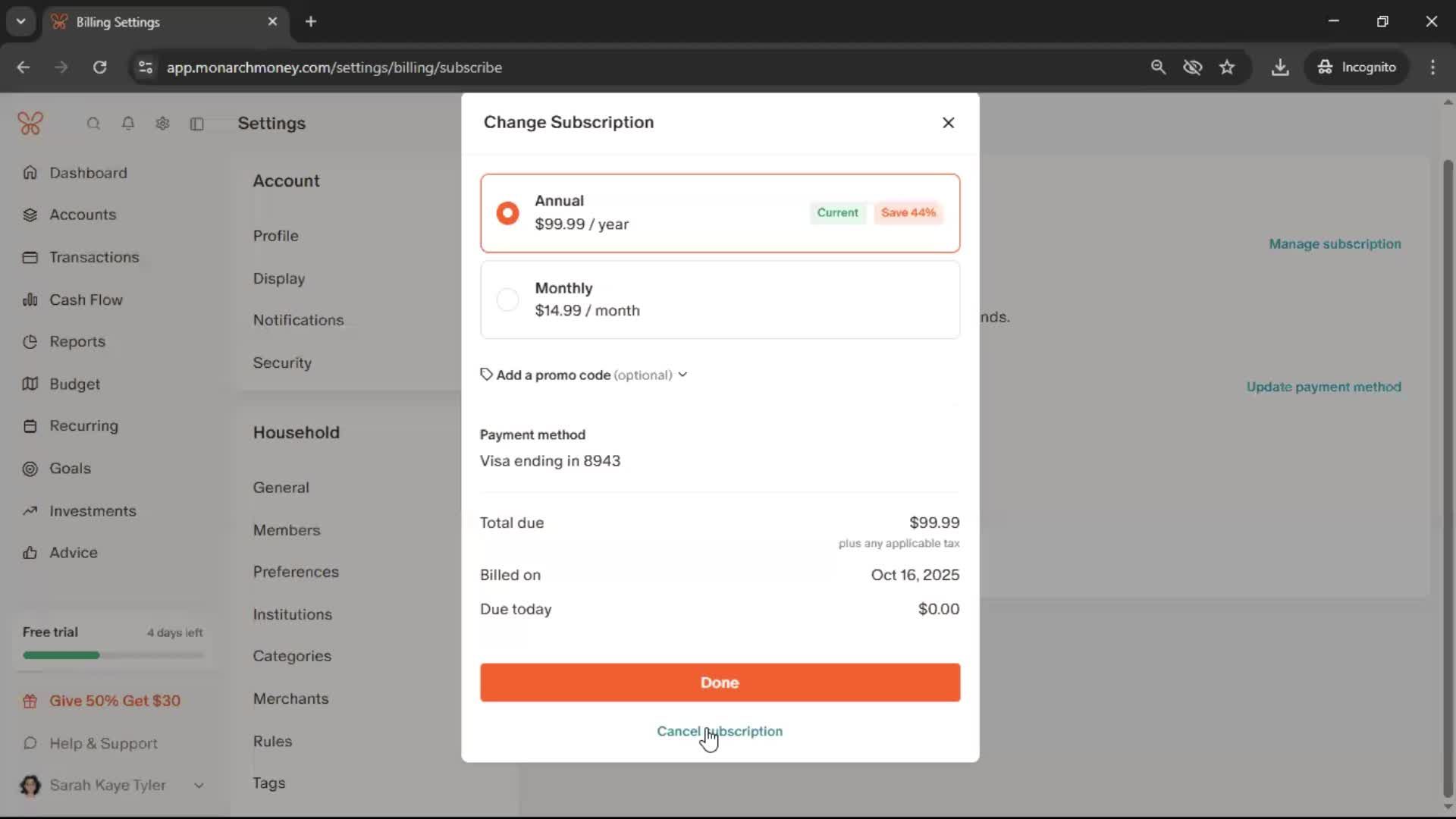 Cancelling your subscription screenshot