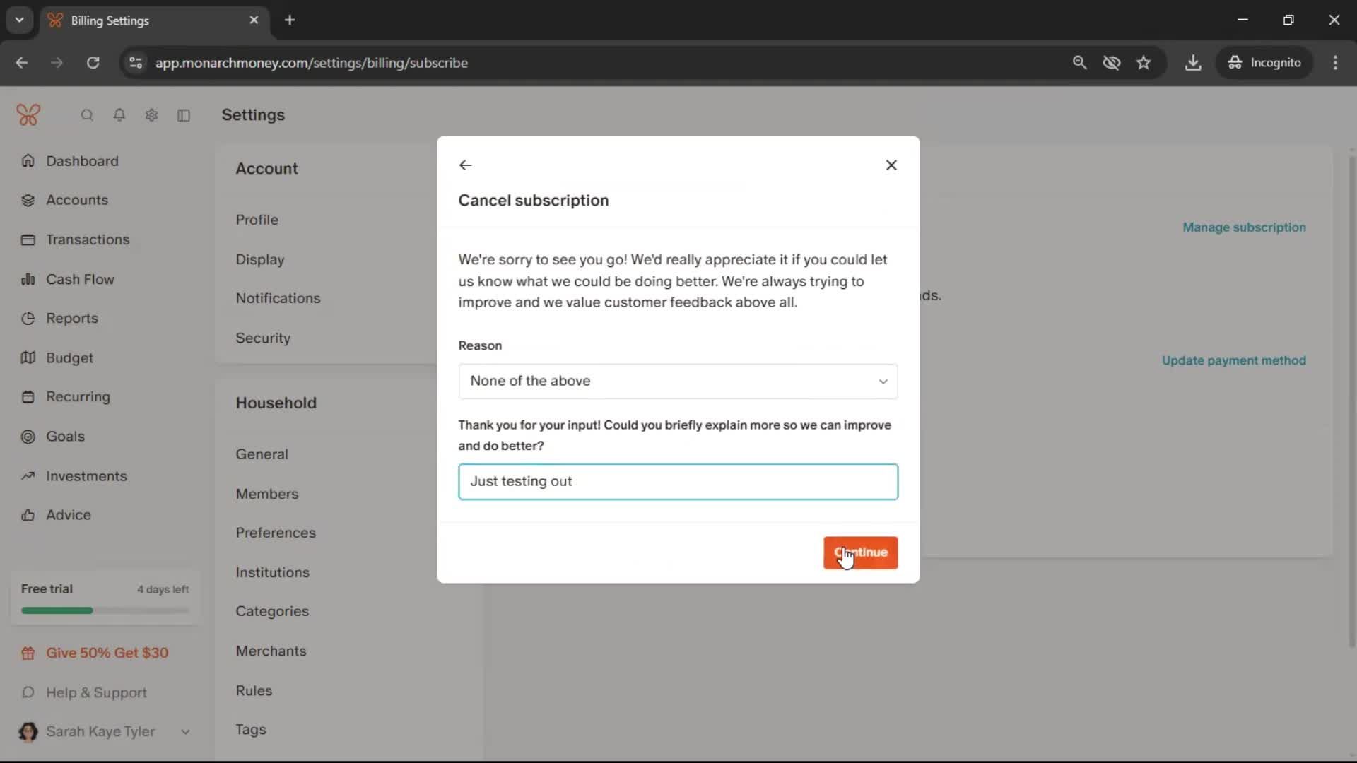 Cancelling your subscription screenshot