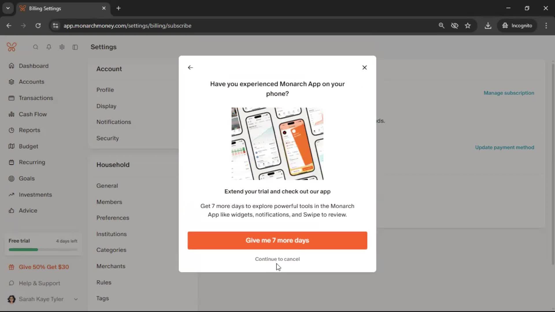 Cancelling your subscription screenshot