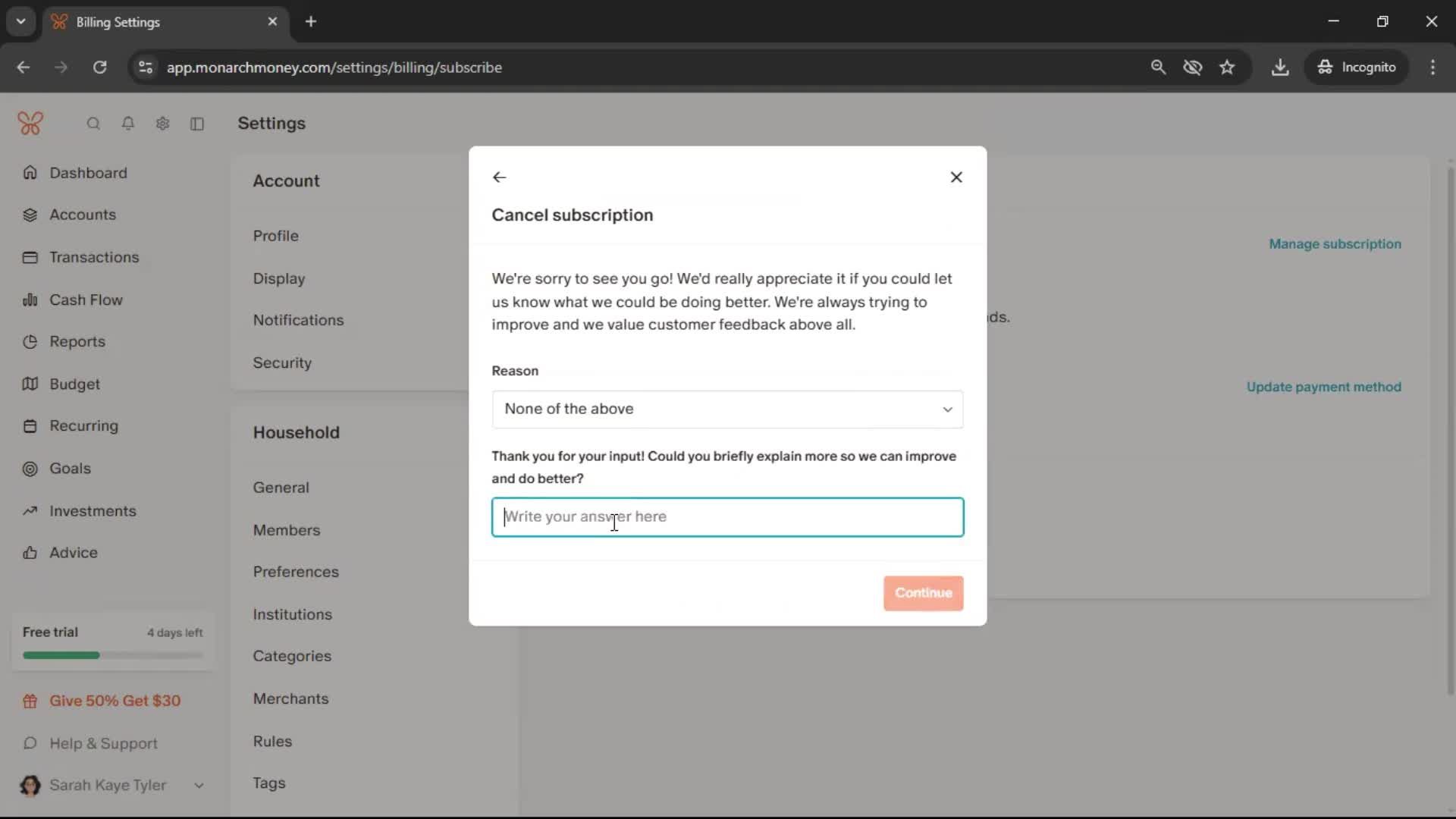 Cancelling your subscription screenshot