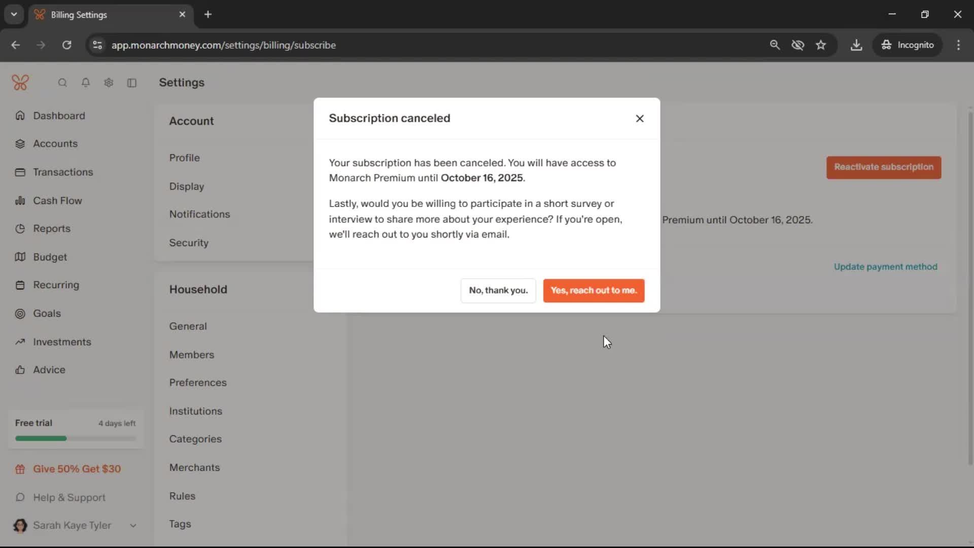 Cancelling your subscription screenshot
