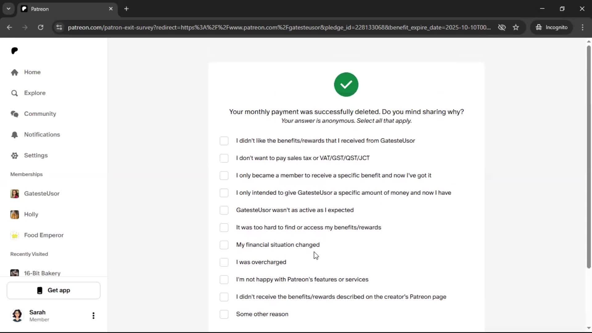 Cancelling your subscription screenshot