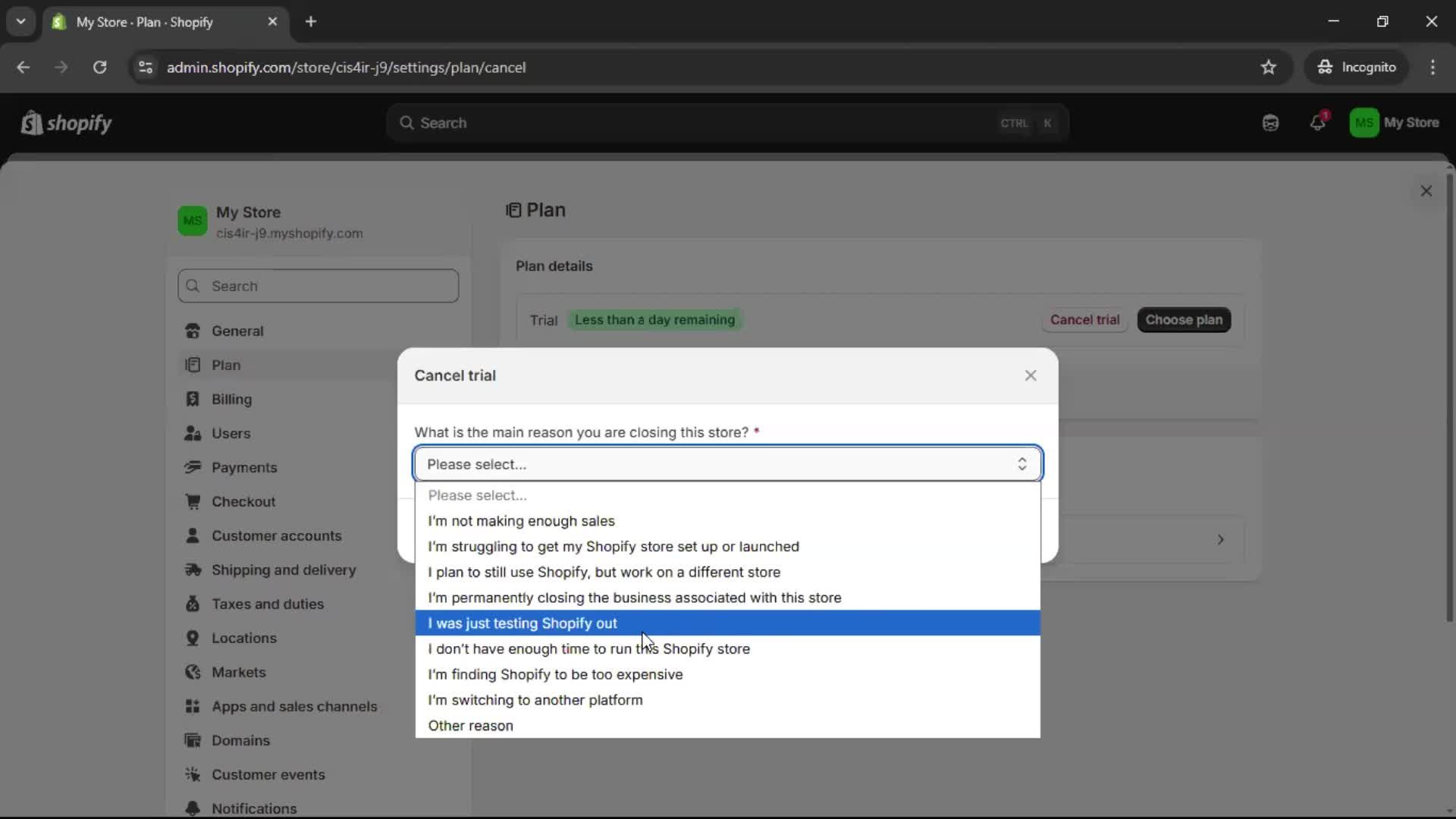 Cancelling your subscription screenshot
