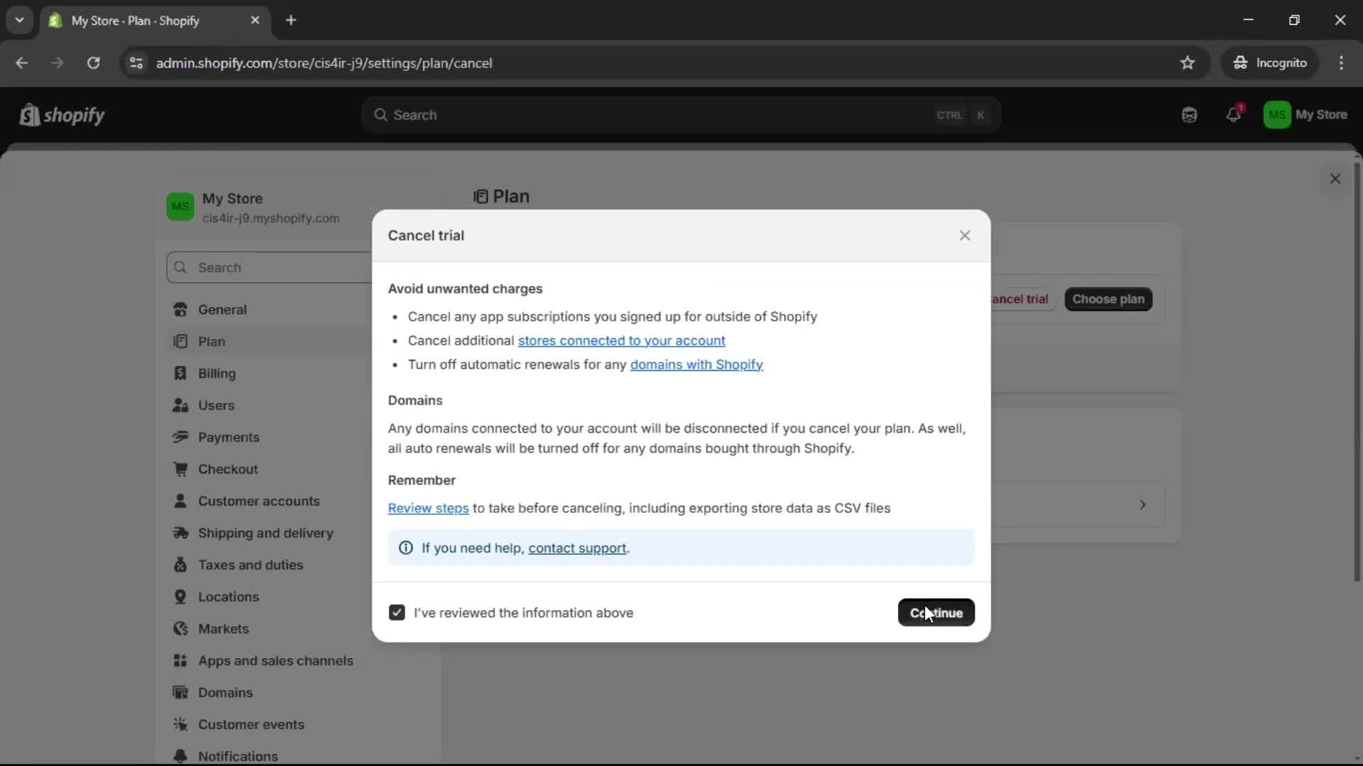 Cancelling your subscription screenshot