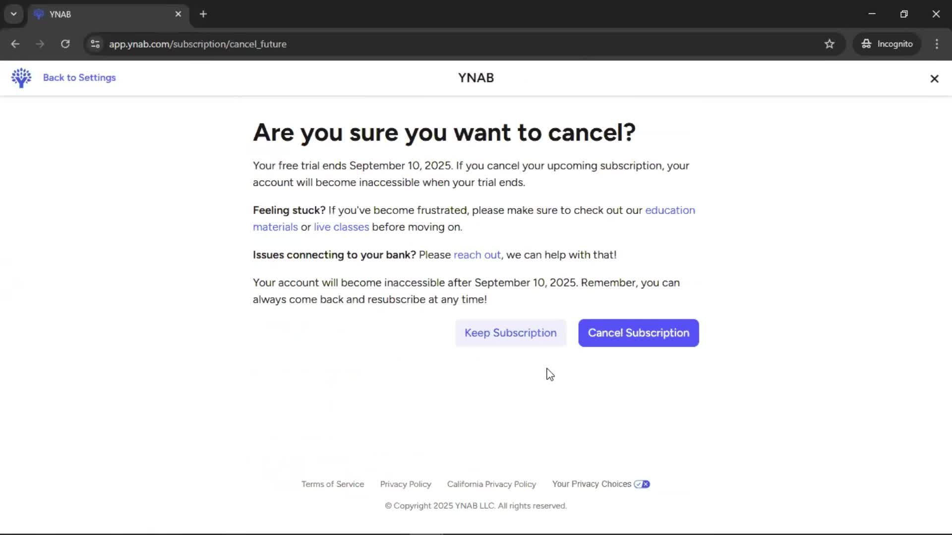 Cancelling your subscription screenshot